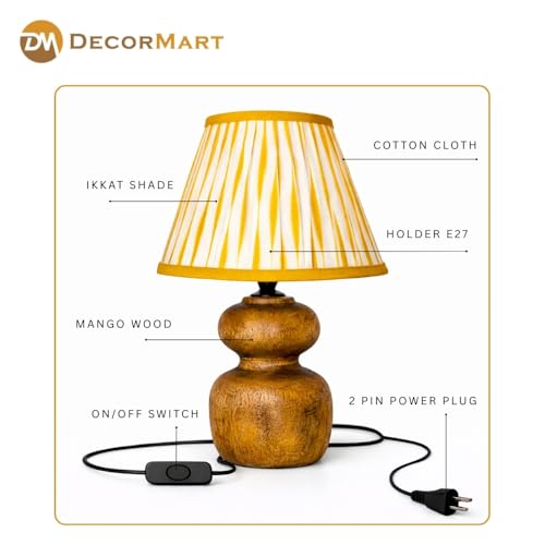 Image of The Decor Mart Printed Shade Table Lamp with Wooden Base|Sleek Decor Decorative Beside Light for Desk,Bedroom, Living Room, Home Office and Hotel(20x20x30 cm) (Yellow)