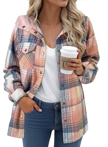 Dokotoo Fashion 2025 Winter Womens Ladies Plaid Shacket Jacket Women Sherpa Lined Fleece Fur Hooded Button Down Long sleeve Flannel Shirts Fluffy Warm Thick Oversized Outwear Coat with Pockets Pink XL