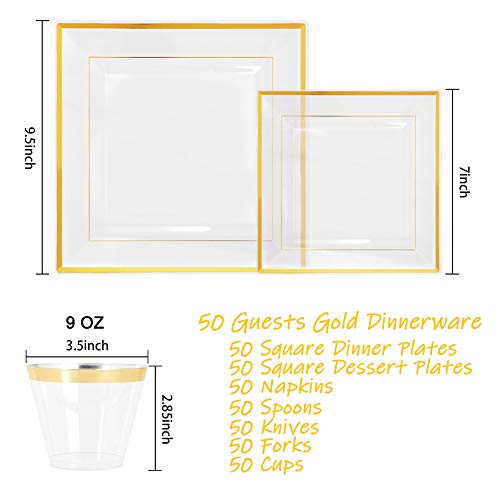 Wellife 350 Pcs Gold Plastic Square Dinnerware, Disposable Gold Plastic Plates, Includes: 50 Dinner Plates10.25”, 50 Dessert Plates7.5”, 50 Cups 9 Oz, 50 Pre Rolled Napkins With Cutlery #TOP4