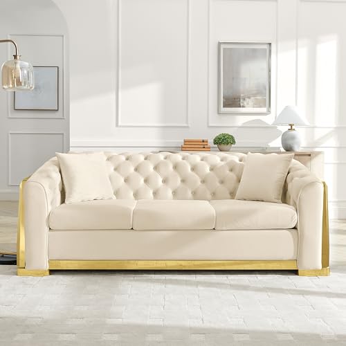 Image of KEIKI 84 inch Luxury Oversized Velvet Chesterfield Sofa with 2 Pillow & Gold Stainless Decoration, Italian Modern Style 3-Seater Button Tufted Couch with Rolled Arms, Easy Assembly, for Living Room, Beige