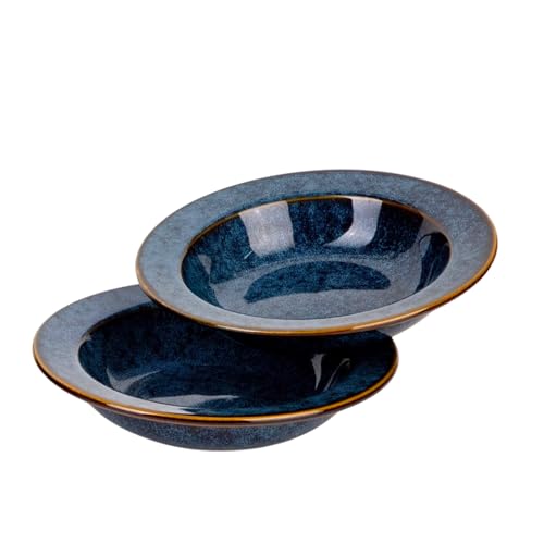 Image of Premium Pasta Plates, Ceramic Plates for Pasta, Small, Round & Deep Dish, Microwave & Dishwasher Safe, Handmade Stoneware, Elegant Tableware, Rustic Blue, 7 Inch, Set of 2