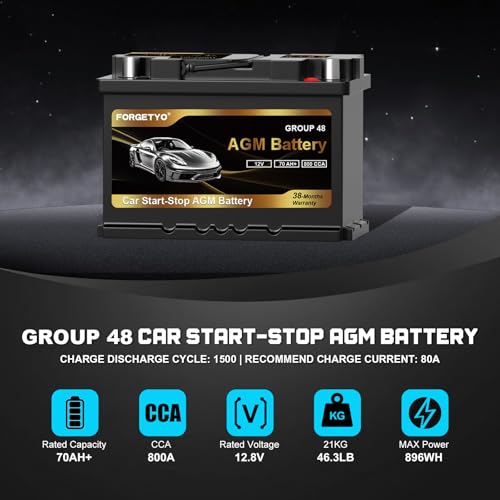 Image of 48-H6-AGM BCI Group Size 48 AGM Car Battery, 12V 70 AH, 132RC, 800 CCA Auto Battery, Rechargeable Maintenance Free Automotive Battery
