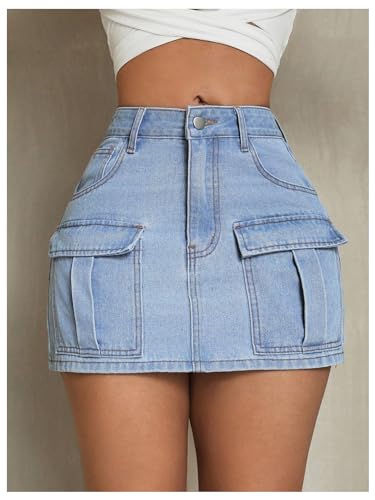 SHENHE Saia jeans feminina cintura baixa cintura alta casual Y2k denim cargo mini saia com bolsos, L