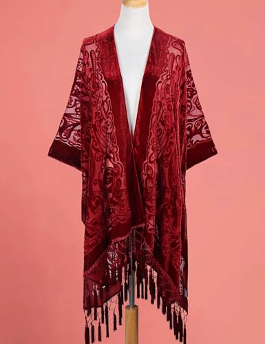 WeHello Women\'s Burnout Velvet Kimono Long Cardigan Cover Up with Tassel (Red)