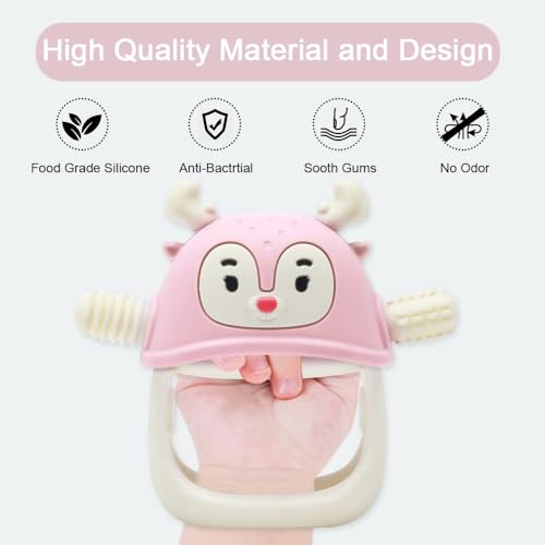 Image of Reindeer Organic Baby Toys 0-6Months, Mitten for 3-6Months, Easy to Hold Stem with Chewing Nubs for Teething Pain Relief for 6-12Months Babies, (Rose Pink)