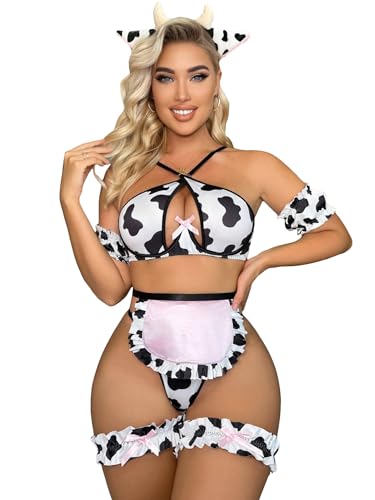 WDIRARA Women's 7 Pieces Cow Print Ruffle Trim Criss Cross Push Up Lingerie Set with Leg Rings Multicolor M