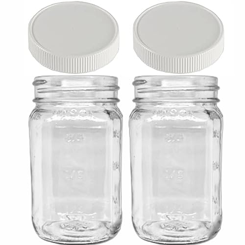 JARMING COLLECTIONS Mason Jars 16 Oz Glass with Plastic Mason Jar Lids (BPA Free) Pint Mason Jars Regular Mouth – Set of Two Made in USA