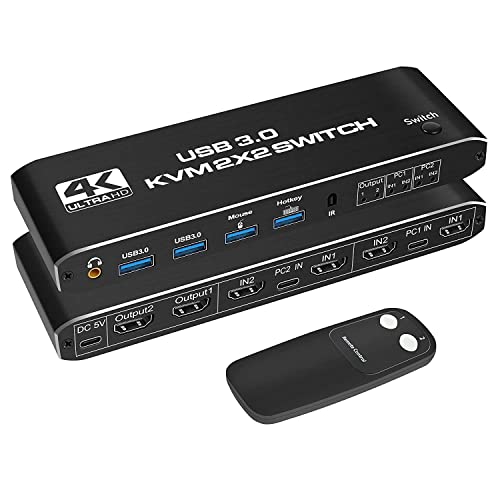 Tobo HDMI 2.0 KVM Switch with 3.5mm Jack Audio Output, USB 3.0 KVM Switch 2x2 for 2 Computers and 2 Monitors 4K@60Hz with 3 Display Method,Hot Key Switching,IR Control-TD-966H
