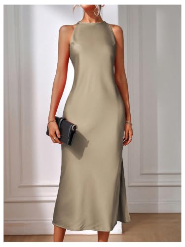 Image of Floerns Women's Elegant Crew Neck Maxi Slit Cocktail Tank Wedding Dress | Boat Neck, Side Slit, Long, Party, Cocktail, Formal, Rehearsal Dinner Guest Midi Dress
