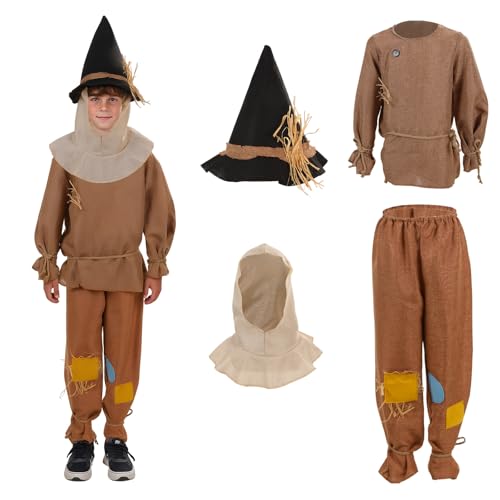 4PCS Kids Boys Scarecrow Costume with Straw Hat Farmer Cosplay Outfit Accessories Fancy Halloween Party Dress Up (Small)