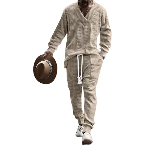 Athleisure Cable Jacquard Set Men,Men's Tracksuits V-Neck Long Sleeve Tops and Drawstring Jogging Pants Suits 2 Piece
