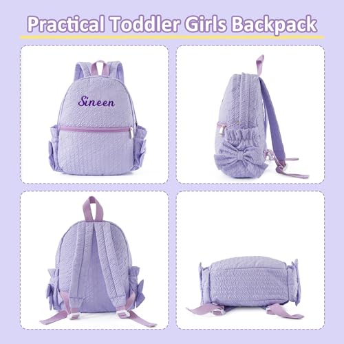 Image of 15inch Daycare Backpack Personalized Large Backpack with Name | Cute Purple Backpack for Age 4-6,Lightweight Quilted Fabric,Water Bottle Pockets with Bow,Custom Baby Gift,Embroidered Name