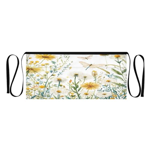 Kigai Dragonfly Wildflowers Server Aprons for Men Women Water & Oil Resistant Waitress Waiter Waist Apron with 3 Pockets