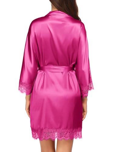 Image of Ekouaer Womens Silk Robes Short Lace Trim Satin Bride Bathrobe with Pockets