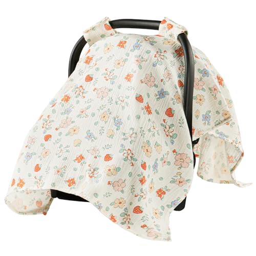 Babygreat 100% Muslin Cotton Car Seat Cover for Baby Soft Breathable Car Seat Canopy Universal Infant Carseat Cover Sun Protector Lightweight Summer Stroller Cover for Boys Girls - Strawberry