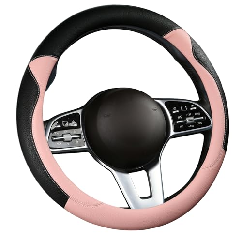 Pink Luxury PU Leather Steering Wheel Cover for Women Girl, with Upgraded Silicone Inner Ring, Anti-Slip, Odourless Car Interior, Universal 14.5-15 Inch, Cute Cat Ear Design (PU Leather)
