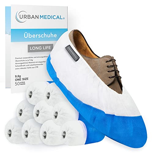 Urban Medical® Long-Life Cubrezapatos Desechables/Reutilizables |50 piezas| Impermeable con Suela Antideslizante | Extra Fuerte: Resistente al desgarro y perforación | Talla única Indoor y Outdoor Cover