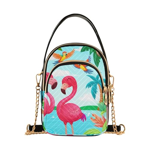 Women Shoulder Handbag Chic Cell Phone Wallet Chain Purse Quilted Crossbody Clutch Zipper Tote Colorful Scene Pink Flamingos