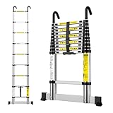 EASelect Telescopic Ladder 2.6M Aluminium Extension Loft Ladder with Stabilizer Bar, Non-Slip Feet and Detachable Hooks, EN131, Portable Extendable Folding Ladders for Roof, Attic, Caravan