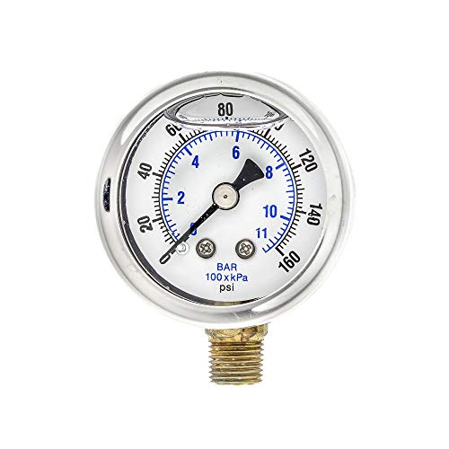 PIC Gauges 201L-158F Bottom Mount Glycerine Filled Pressure Gauge w/ SS Case, Brass Internals, SS Bezel, PC Lens, 1.5" Dial, 0/160 psi Range, 1/8" Male NPT