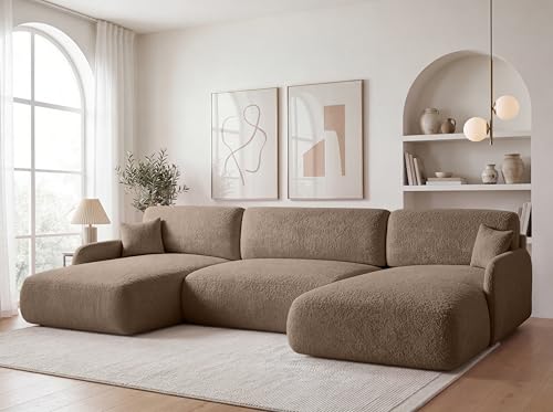 KP-Meble U-Form Wohnlandschaft mit Schlaffunktion 357x175 cm Bouclé Beige – Großes Schlafsofa mit Bettkasten, Moderne Couch mit Stauraum Pierr (Anthology 4)