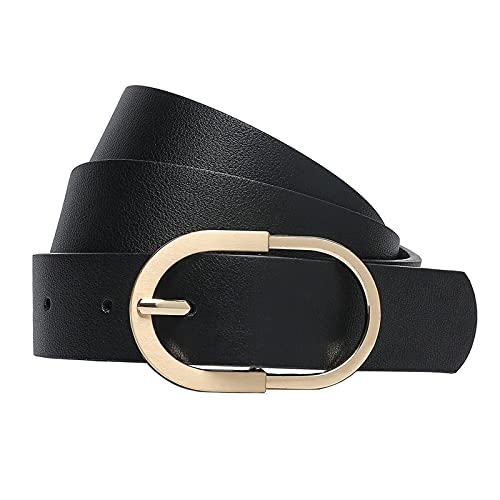 Tanpie Womens Leather Waist Belts for Jeans Pants with Gold Buckle Black X-Small