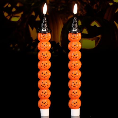 Image of Halloween Flameless Taper Candles with 6H Timer, 2 Pcs Hand-Painted Stacked Pumpkins LED Candlesticks with 3D Flickering Flame for Home Fall Indoor Halloween Decor(0.78 x 11.6 Inches)