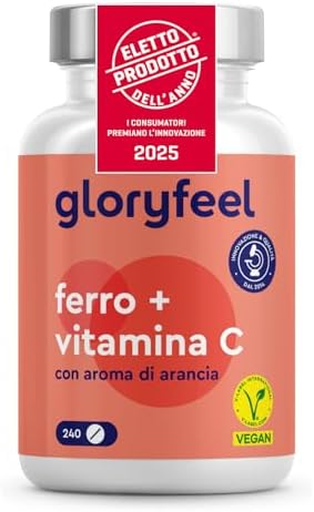 Ferro Integratore 20mg + Vitamina C, 240 Compresse, Eletto PRODOTTO DELL'ANNO 2025, Ferro Integratore per Anemia, Mestruazioni e Stanchezza Fisica, Alta Biodisponibilità, Ricostituente Sangue, Vegan Ferro - integratore