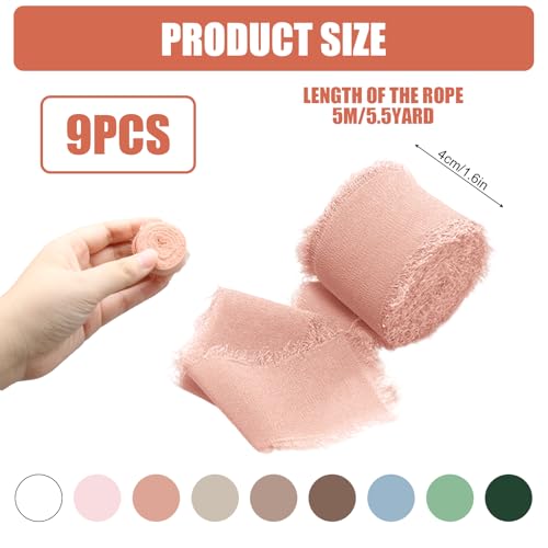 Chiffon Ribbon, Mixed 9 Colours Frayed Ribbon, 1.6" x 5.5Yd Fringe Edge Fabric Ribbon Package (9 Rolls*5.5Yd) for Wedding, Flowers, Party Styling, Christmas Decoration, Gift Wrapping