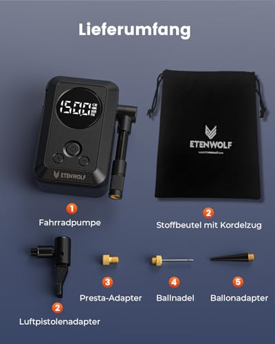 ETENWOLF Mini Elektrische Fahrradpumpe,10,34 BAR Tragbare Reifenpumpe mit Presta und Schrader Ventil für Mountainbike, Rennrad, Motorrad, Sportball, Schnellbefüllung&Auto-Stopp Luftpumpe mit Manometer