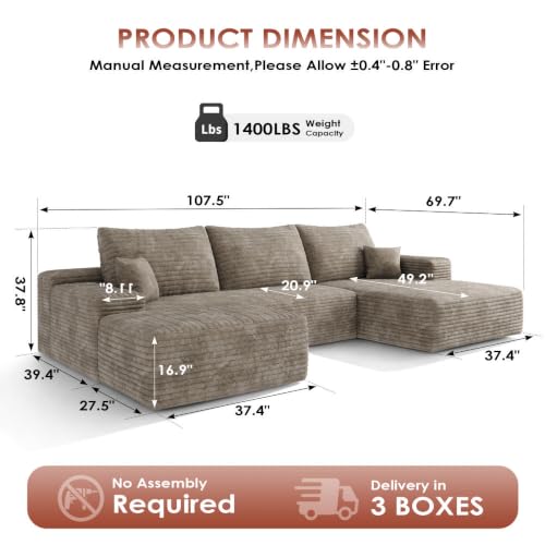 Image of Boneless Couch, Modular Sectional Couches for Living Room, U-Shaped Cloud Couch Sofa with Deep Seat, Fluffy Corduroy Upholstered Corner Sofa