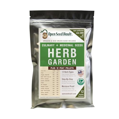 100% NON-GMO Heirloom Culinary and Medicial Herb Kit - 12 popular Easy-to-Grow Herb Seeds by Open Seed Vault - includes 12 seed starting peat pellets!