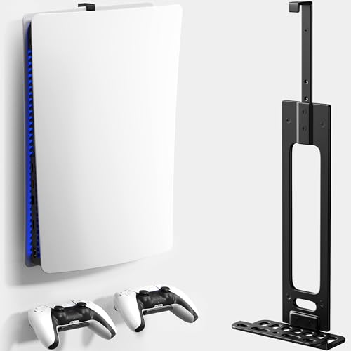 Wall Mount for PS5 with 2 Controller Holders Sturdy Metal Console Holder Compatible with PlayStation 5 PS5 Slim PS5 Pro Disc & Digital Editions Black