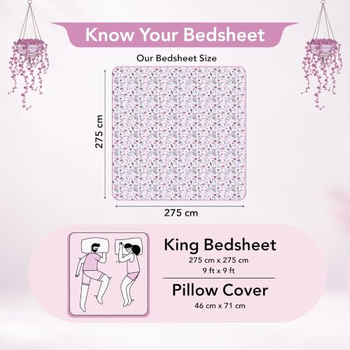Image of Divine Casa Cotton King Size Bedsheet | 210 TC Soft Breathable Pigment Twill Satin Bed Sheet with 2 Pillow Covers | Luxury Bedding Set | 275 x 275 cm (Rose Pink, Floral)