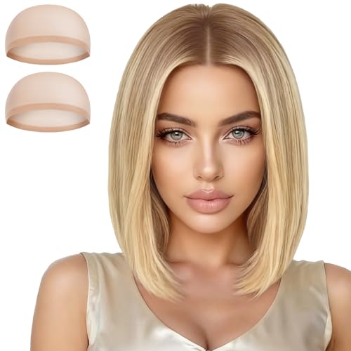 Aomig Perucas de cabelo natural, peruca loira, perucas curtas Bob laco, perucas planas Bang cabelo sintético festa peruca, com franja Shoulder comprida, para cosplay e uso diário