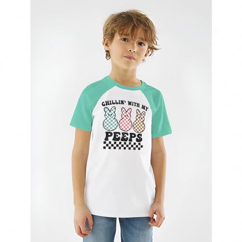Image of MODNTOGA Boys Girls Easter Outfit Bunny Graphic T-Shirt Chillin' with My Peeps Letter Print Short Sleeve Tee Tops