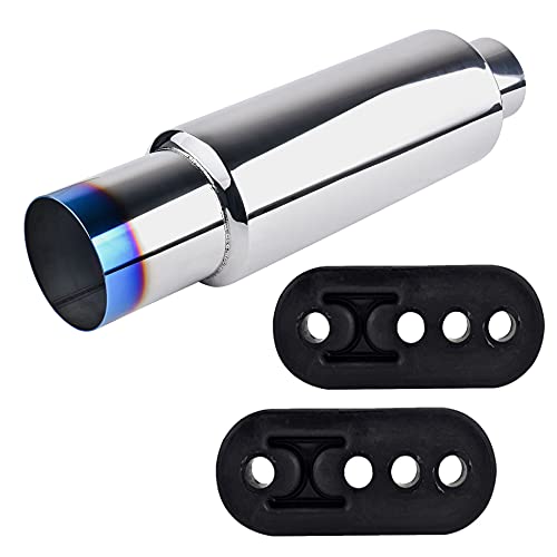 Evil Energy 3'' Inlet 4'' Outlet Burnt Exhaust Tip Muffler 18.5'' Length Universal Stainless Steel Bundle With Car Exhaust Rubber Hanger Insulator Bracket Bushing Mount 4 Holes #TOP16