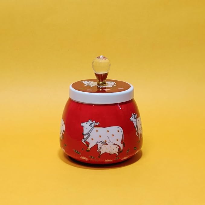 Image of Pichwai Metal Jar: Vibrant Elegance with Handle 4 Inch