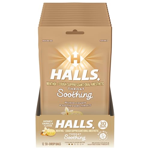 HALLS Throat Soothing Honey Vanilla Cough Drops, 12 Bags of 30 Drops (360 Total Drops)
