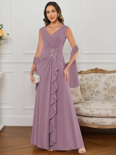 Chiffon Mother of The Bride Dresses with Shawl Lace Applique Long Pleated Wedding Guests Formal Evening Party Gown4