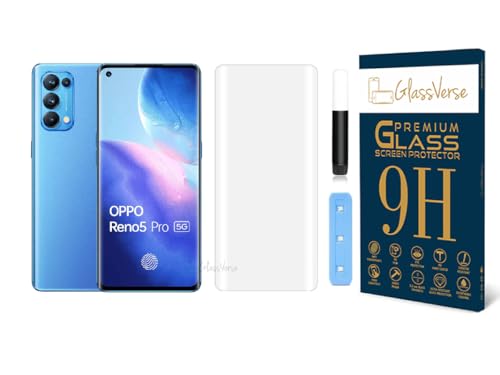 Image of GlassVerse op po Reno 5 Pro 5G UV Tempered Glass Screen Protector. Pack Of 1 | 3D Curved Edge | 9H Hardness | Full UV Glue with UV Light | Anti-Scratch | Case Friendly | HD Clear. (6.55 Inches)