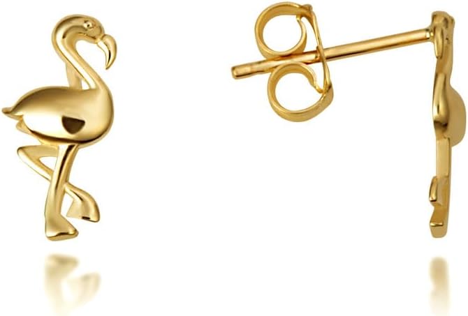 Flamingo Tropical Bird Stud Earrings Real Solid 14K Yellow Gold