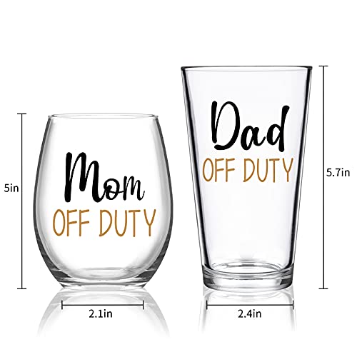 Dad And Mom Gift Set, Dad & Mom Off Duty Beer Glass And Stemless Wine Glass Combo For Dad Mom New Parents, Funny Gift For Father’s Day Mother’s Day Christmas Birthday Daily Use Baby Shower, 15Oz #TOP6