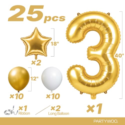 Image of PartyWoo Metallic Gold Number 3 Balloon 40 Inch 25pcs Gold Foil Star White