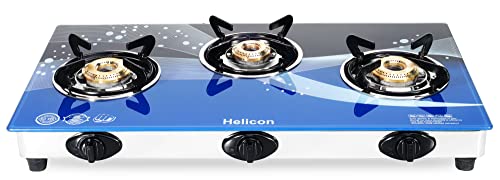 Helicon Premium Blue & Black Glass 3 Burner Automatic Gas Stove Stainless Steel & Toughened Glass (Auto Ignition) _Full Size