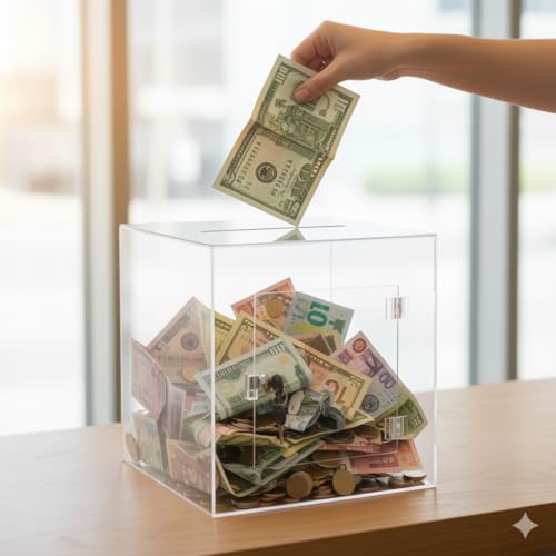 Image of Transparent Acrylic Donation Box Daan Patra Visiting Card Drop Box Ballot Box Durable with key facility for Charity & Suggestion Collection (10x10x10 inches)