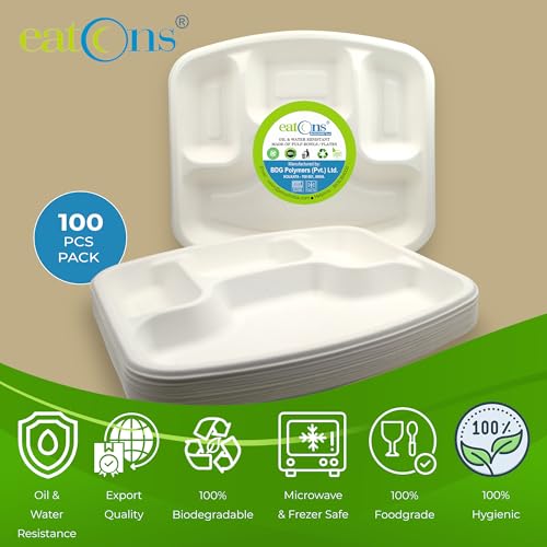 Image of EATONS | 4 Compartment Bagasse Meal Tray | 11 Inch - Pack of 100 | Disposable Plates Big Size | Sugarcane Paper Plates | Great for Events, Caterers & Buffet | Heavy Duty, Leakproof, Microwave Safe
