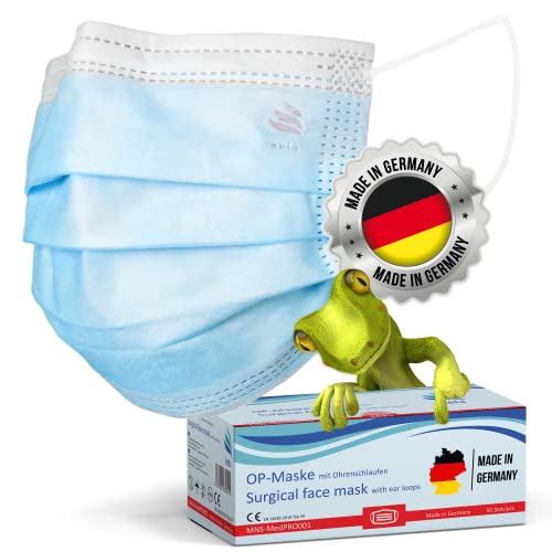 kela, 100x Mascarillas Quirúrgicas, Azul, Fabricado en Alemania, Mascarilla Medicas Homologadas para Adultos, Material Oeko-tex, EN 14683 Tipo IIR, BFE 99,8%, 3 Capas y Sin Grafeno,