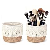 CHUANFU 2 Piezas Organizador de Maquillaje, 10 x 10 CM Mini Cesta Tejida con Borlas, Bohemio Bote para Brochas de Maquillaje para Guardar Peines y Lápices