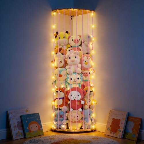 Kuscheltier Aufbewahrung Organizer mit LED-Beleuchtung 1 8 Meter Holz Wandregal für Stofftiere Plüschtier Aufbewahrung mit Stauraum Wandmontiertes Spielzeug Organizer für Kinderzimmer Schlafzimmer